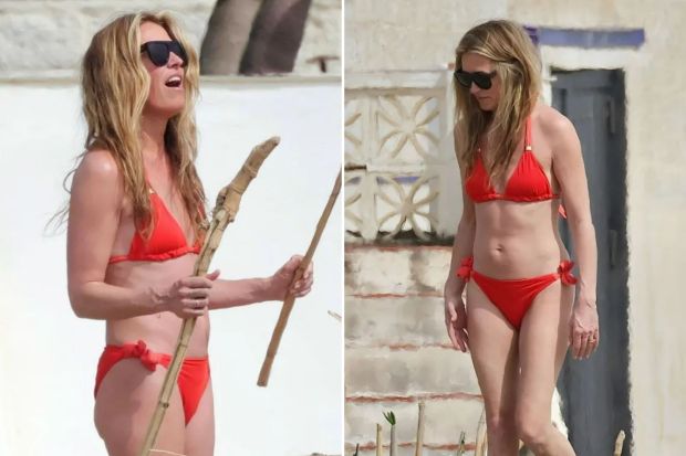 An image collage containing 2 images, Image 1 shows Cat Deeley in a red bikini holding two long sticks, Image 2 shows Cat Deeley in a red bikini on a beach