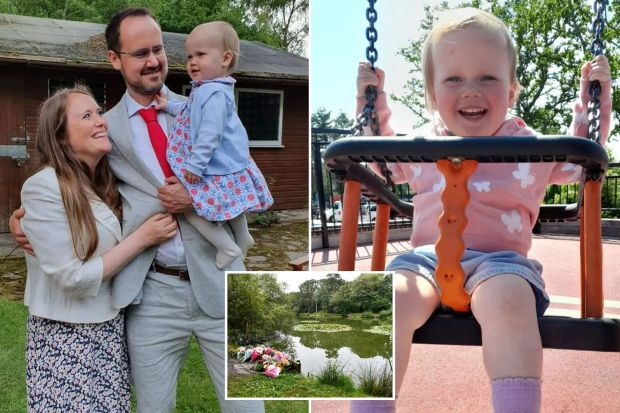 An image collage containing 3 images, Image 1 shows Family portrait: a man and woman embracing, holding their toddler daughter, Image 2 shows Toddler on a swing, Image 3 shows Floral tributes by a pond