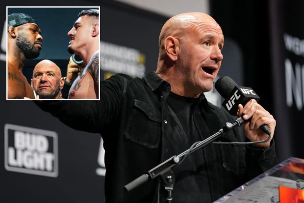 An image collage containing 2 images, Image 1 shows Dana White at a UFC press conference, Image 2 shows Two MMA fighters facing off