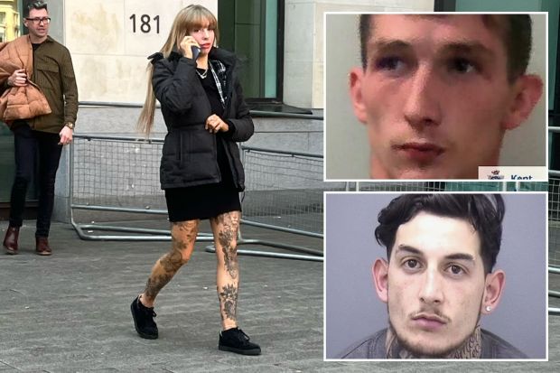 An image collage containing 3 images, Image 1 shows Woman with tattoos on her legs talking on a cell phone outside a building, Image 2 shows Mugshot of Connor Money, Image 3 shows Mugshot of a man with dark hair and tattoos