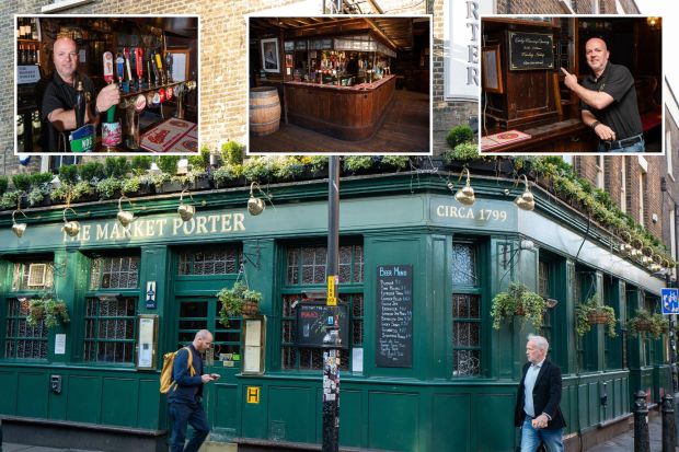 An image collage containing 4 images, Image 1 shows The Market Porter pub in Borough Market, London, Image 2 shows Bartender at The Market Porter pub pulling a pint, Image 3 shows Busy pub bar with multiple beer taps, Image 4 shows Pub landlord pointing to a sign advertising early morning opening hours