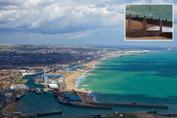 An image collage containing 2 images, Image 1 shows Aerial view of Shoreham Power Station and the coast of Shoreham-by-Sea, Image 2 shows EAA4EC Southwick Beach