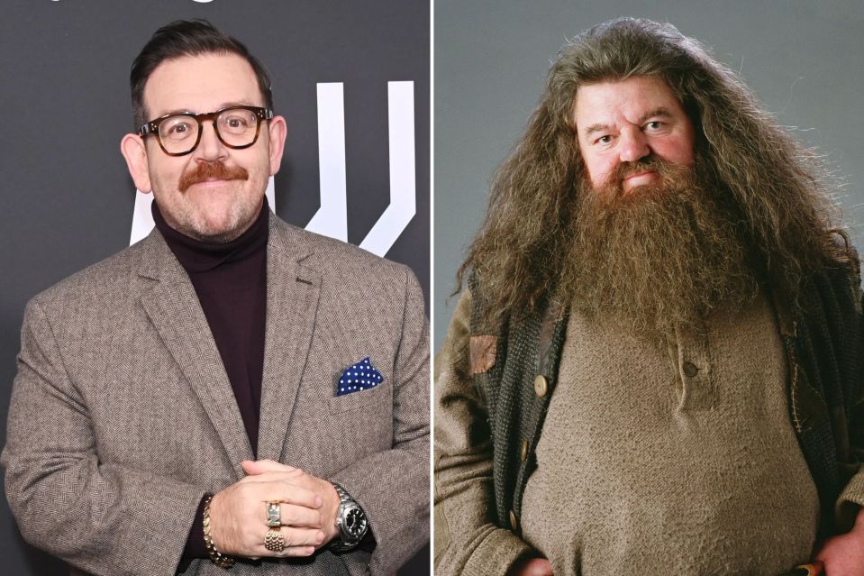 An image collage containing 2 images, Image 1 shows Nick Frost at the UK premiere of "Get Away.", Image 2 shows Robbie Coltrane as Hagrid in Harry Potter and the Prisoner of Azkaban