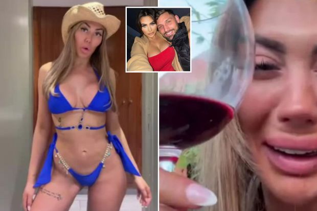 An image collage containing 3 images, Image 1 shows Woman in a blue jeweled bikini and cowboy hat, Image 2 shows Woman crying while holding a glass of wine, video chatting with a friend, Image 3 shows Chloe Ferry and Johnny Wilbo in a selfie