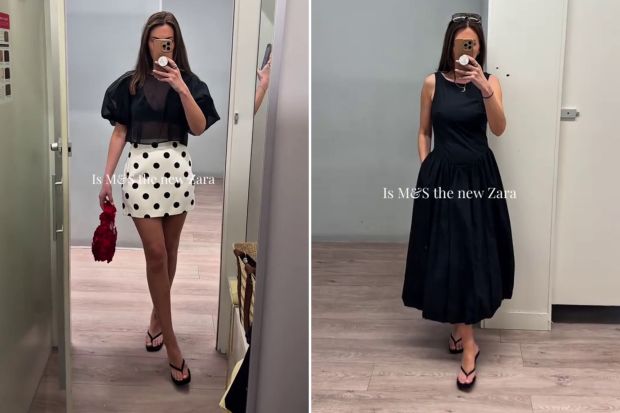 An image collage containing 2 images, Image 1 shows Woman in a polka dot skirt and black top in a changing room, Image 2 shows Woman in a black midi dress taking a selfie in a changing room