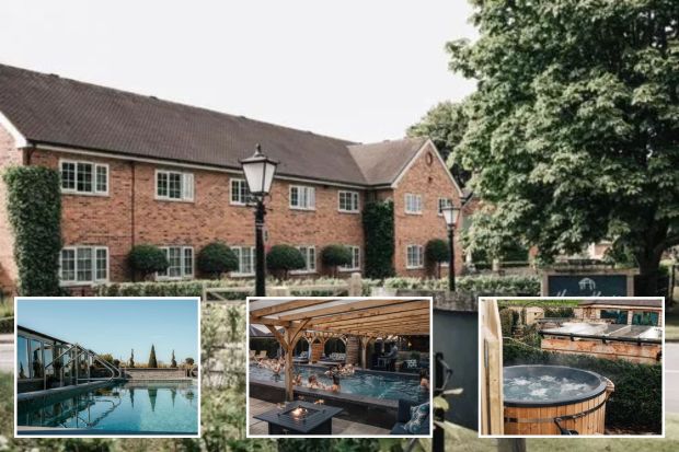 An image collage containing 4 images, Image 1 shows The Manor House Hotel in the East Cheshire countryside, Image 2 shows Outdoor pool at a hotel spa, Image 3 shows People relaxing in a hotel pool, Image 4 shows Hot tub with champagne on wooden steps at The Manor House Hotel