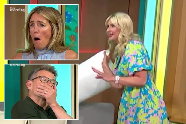 An image collage containing 3 images, Image 1 shows Woman on a morning show demonstrating how to weigh a pillow to determine the amount of dead skin cells it contains, Image 2 shows Woman reacting with disgust to the fact that half a pillow's weight is dead skin cells, Image 3 shows Man on television covering his mouth with his hand