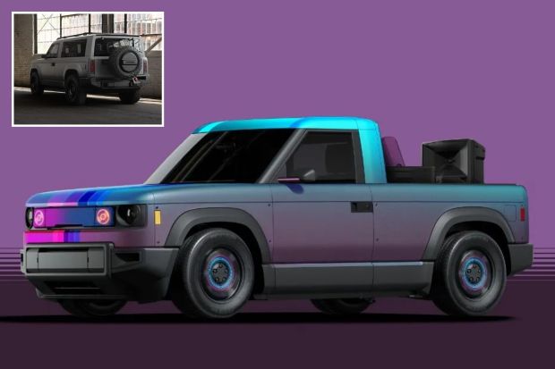 An image collage containing 2 images, Image 1 shows Illustration of Slate’s Truck, a customizable electric pickup truck, Image 2 shows Slate electric truck and SUV
