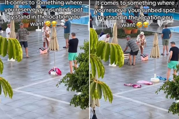 An image collage containing 2 images, Image 1 shows Tourists reserving sunbeds by standing in their desired location, Image 2 shows Tourists reserving sunbeds by placing towels on them