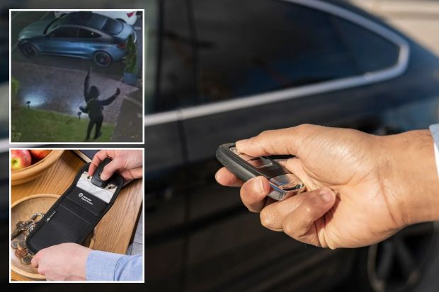 An image collage containing 3 images, Image 1 shows Person unlocking a car with a key fob, Image 2 shows Nighttime security footage of a person stealing a car, Image 3 shows Hands placing a car key into a Defender Signal Blocker pouch