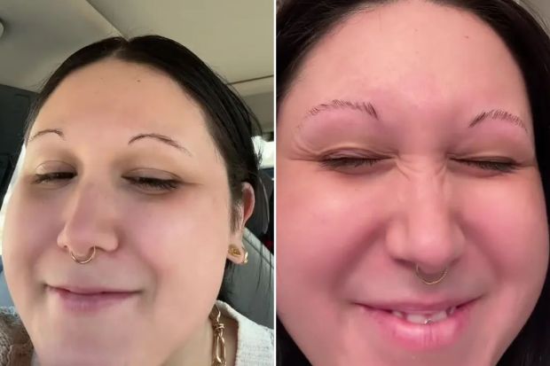 An image collage containing 2 images, Image 1 shows Woman in a car inviting viewers to get their eyebrows laminated with her, Image 2 shows Close-up of a person's face with laminated eyebrows