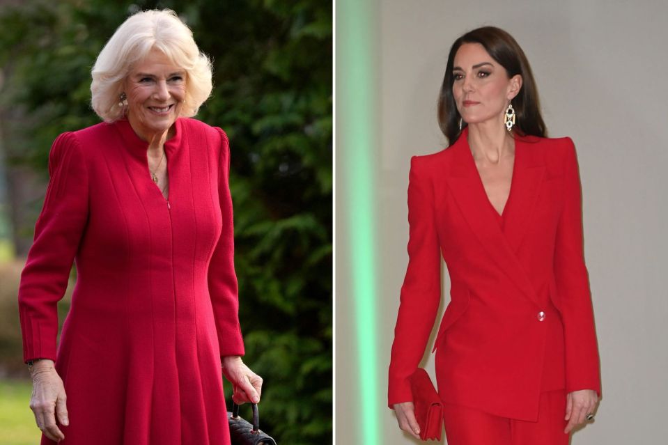 An image collage containing 2 images, Image 1 shows Queen Camilla arriving at Lille Barracks in Aldershot, Image 2 shows Catherine, Princess of Wales, in a red pantsuit at an event