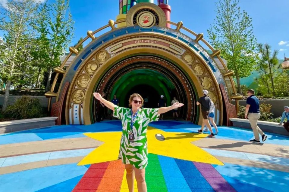An image collage containing 1 images, Image 1 shows Woman standing on a rainbow path in front of the entrance to Super Nintendo World at Universal Studios