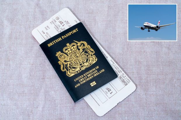 An image collage containing 2 images, Image 1 shows British passport and airline boarding pass, Image 2 shows British Airways Boeing 787 plane landing