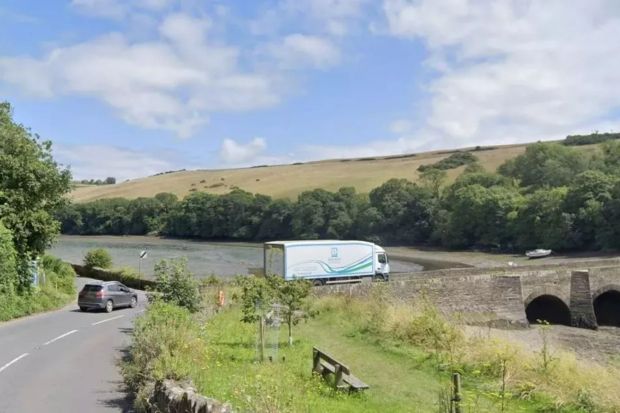 An image collage containing 1 images, Image 1 shows A379 near Kingsbridge, a truck on a stone bridge over a river
