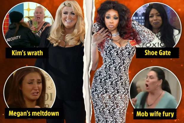 An image collage containing 1 images, Image 1 shows Collage of celebrity reality show moments: Kim's wrath, Megan's meltdown, Shoe Gate, and Mob wife fury