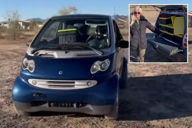 An image collage containing 2 images, Image 1 shows A blue Smart car parked in a dirt lot, Image 2 shows Woman standing by a Smart car with its trunk open, showing storage containers inside
