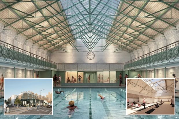 An image collage containing 3 images, Image 1 shows Illustration of the renovated Kings Hall Leisure Centre swimming pool, Image 2 shows Illustration of Kings Hall Leisure Centre transformation, Image 3 shows Illustration of a renovated leisure center's fitness studio with people exercising