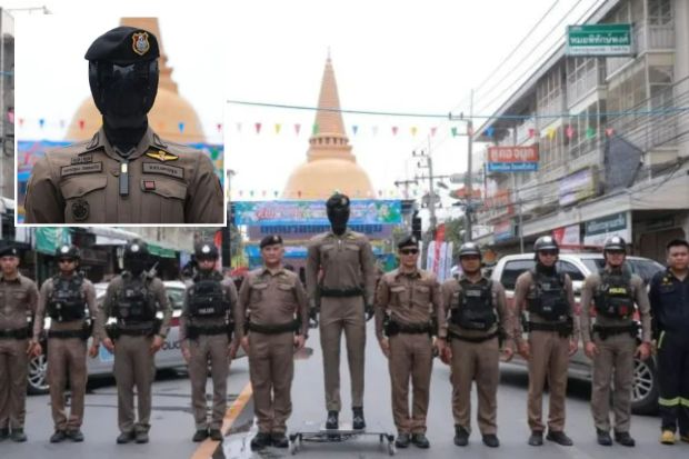 An image collage containing 2 images, Image 1 shows Group of police officers and emergency personnel standing in formation on a city street, Image 2 shows Robot police officer in uniform