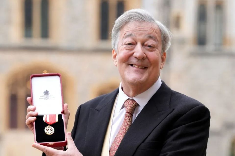 An image collage containing 1 images, Image 1 shows Stephen Fry holding his knighthood medal