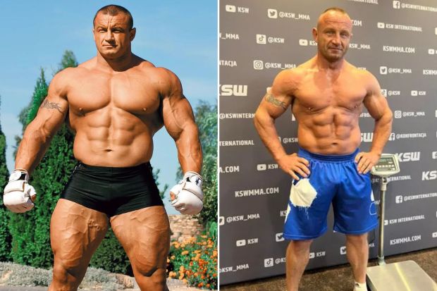 An image collage containing 2 images, Image 1 shows Mariusz Pudzianowski, a Polish strongman and mixed martial artist, Image 2 shows A muscular man weighing himself in blue shorts