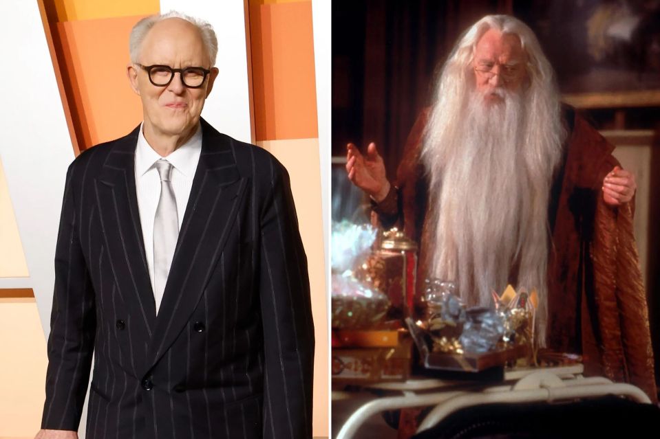 An image collage containing 2 images, Image 1 shows John Lithgow at the 2025 Vanity Fair Oscar Party, Image 2 shows Richard Harris as Albus Dumbledore in Harry Potter and the Sorcerer's Stone