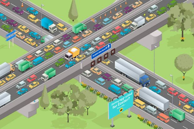 An image collage containing 1 images, Image 1 shows Illustration of a highway intersection with heavy traffic and a billboard about Easter road safety
