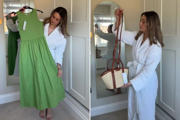 An image collage containing 2 images, Image 1 shows Woman holding up a green maxi dress, Image 2 shows Woman in bathrobe holding up a straw handbag with brown leather accents