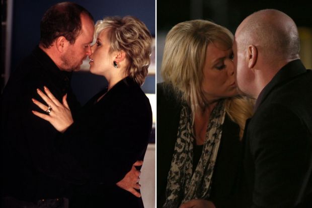 An image collage containing 2 images, Image 1 shows Steve McFadden as Phil and Letitia Dean as Sharon kissing in EastEnders, Image 2 shows Phil and Sharon from EastEnders sharing a kiss