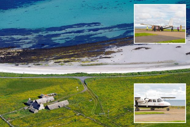 An image collage containing 3 images, Image 1 shows Aerial view of a farm next to a beach in Orkney, Scotland, Image 2 shows Passengers disembarking from a small airplane at a coastal airport, Image 3 shows Loganair plane at Westray airport