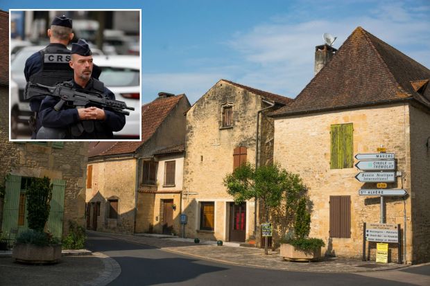 An image collage containing 2 images, Image 1 shows Stone houses in a French village, Image 2 shows Police officer with rifle