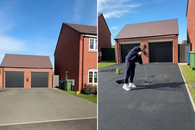 An image collage containing 2 images, Image 1 shows Double garage and house, Image 2 shows Person applying sealant to a driveway