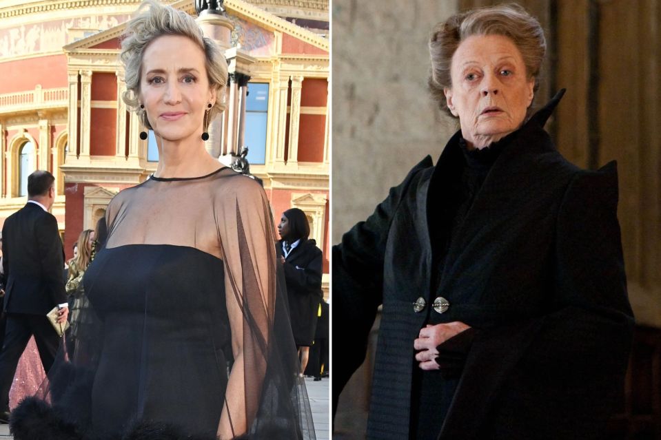 An image collage containing 2 images, Image 1 shows Janet McTeer at the Olivier Awards in a black floor-length gown, Image 2 shows Maggie Smith as Professor Minerva McGonagall holding a wand