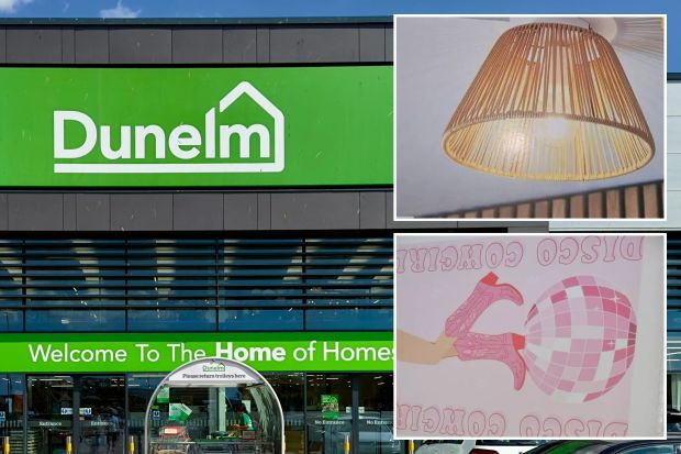 An image collage containing 3 images, Image 1 shows Dunelm store exterior with customers in the parking lot, Image 2 shows Dunelm outdoor ceiling light, reduced to £4.50, Image 3 shows Illustration of a framed print showing pink cowboy boots and a disco ball with the text "Disco Cowgirl"