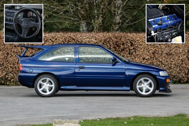 An image collage containing 3 images, Image 1 shows Side profile of a blue Ford Escort RS Cosworth Lux Big Turbo, Image 2 shows Close-up of a Ford Escort RS Cosworth engine, Image 3 shows Close-up of a Ford Escort RS Cosworth Lux Big Turbo steering wheel and dashboard