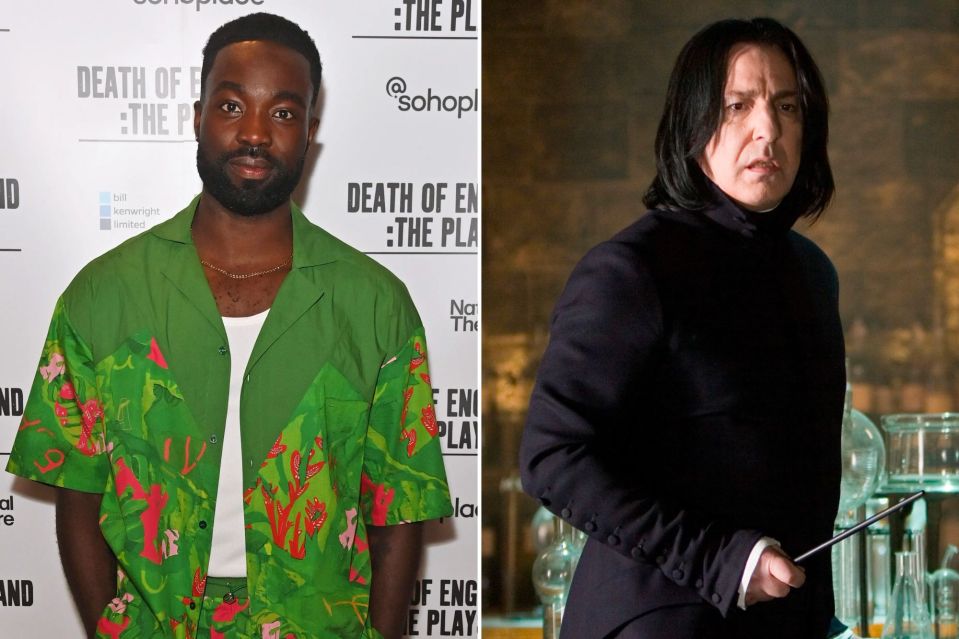An image collage containing 2 images, Image 1 shows Paapa Essiedu at the press night of "Death Of England: The Plays.", Image 2 shows Alan Rickman as Severus Snape in Harry Potter and the Order of the Phoenix