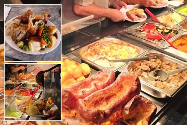 An image collage containing 3 images, Image 1 shows Carvery station with various meats, vegetables, and Yorkshire puddings, Image 2 shows Roast dinner with meat, potatoes, vegetables, and Yorkshire pudding, Image 3 shows A carvery station with various meats, vegetables, and gravy