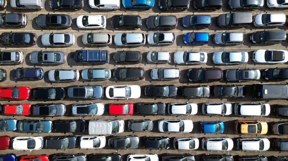 Aerial view of numerous cars parked in rows at a car auction.