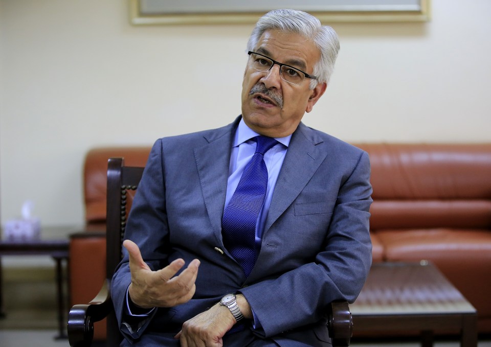 Pakistani Defence Minister Khawaja Muhammad Asif speaking to the media.