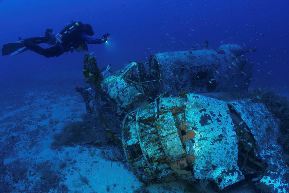 Diver exploring a WWII plane wreck underwater.