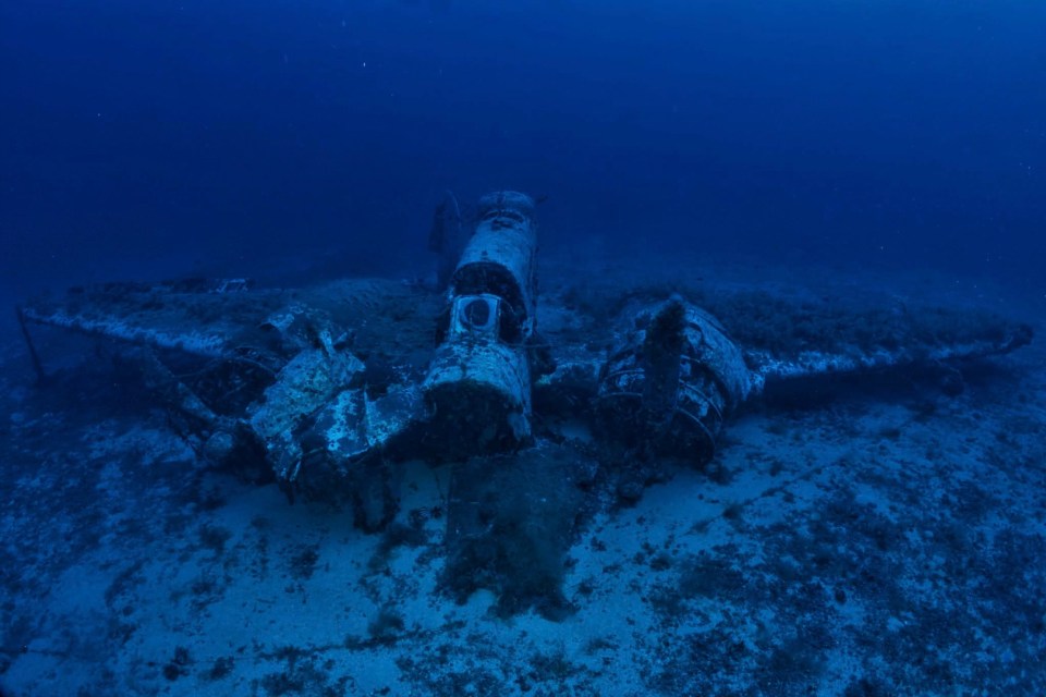 Underwater wreckage of a World War II bomber.