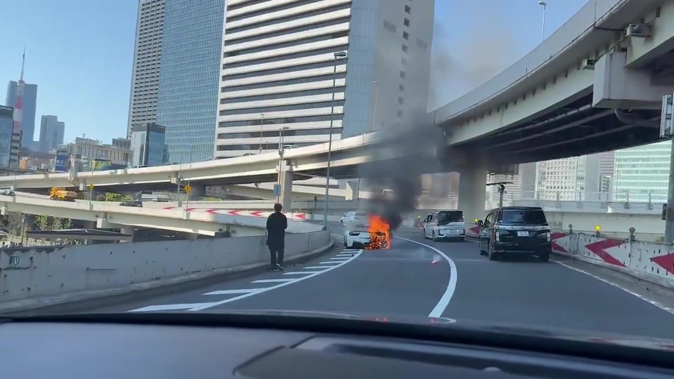 Ferrari engulfed in flames on a highway.