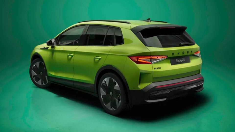 Lime green Skoda Elroq RS electric car.