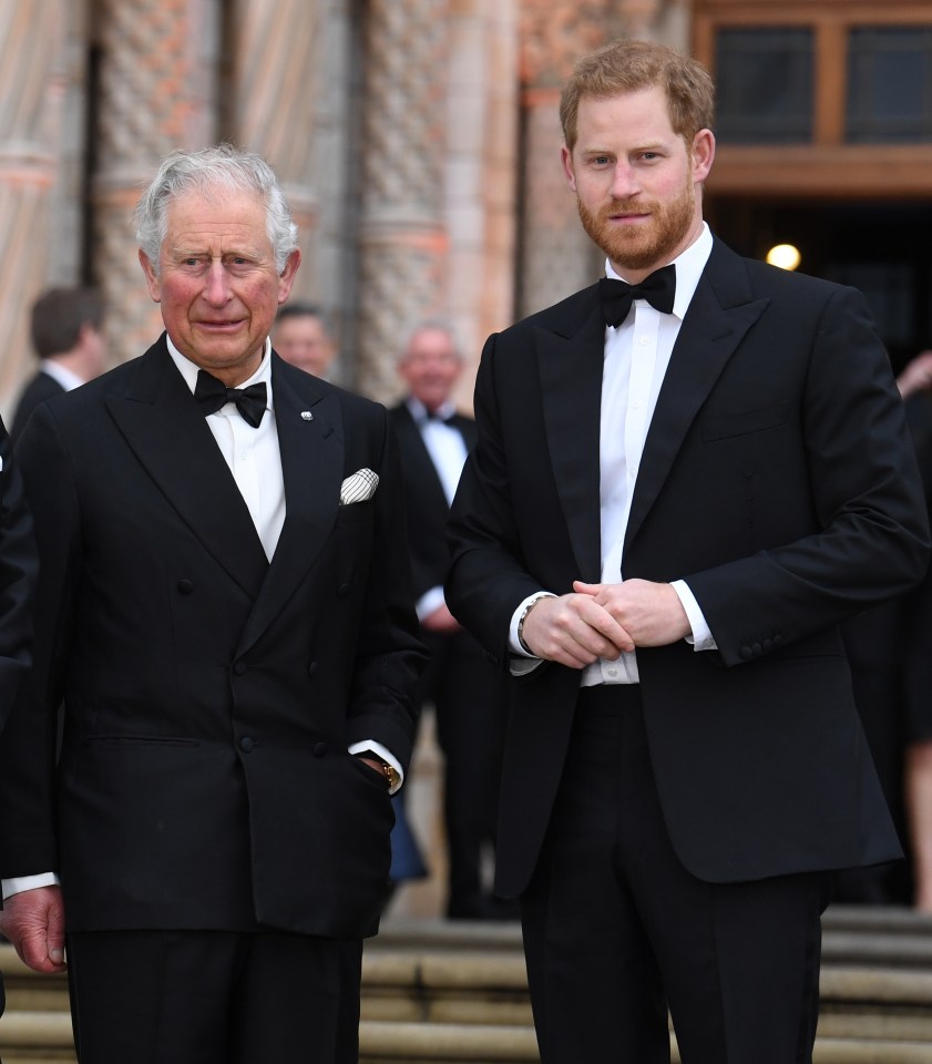 Prince Charles and Prince Harry in tuxedos.