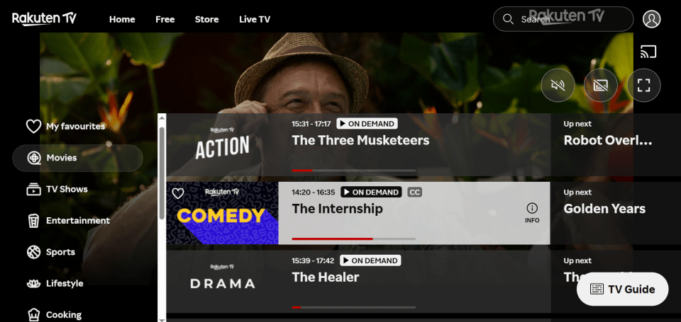 Rakuten TV interface showing on-demand movies and TV shows.