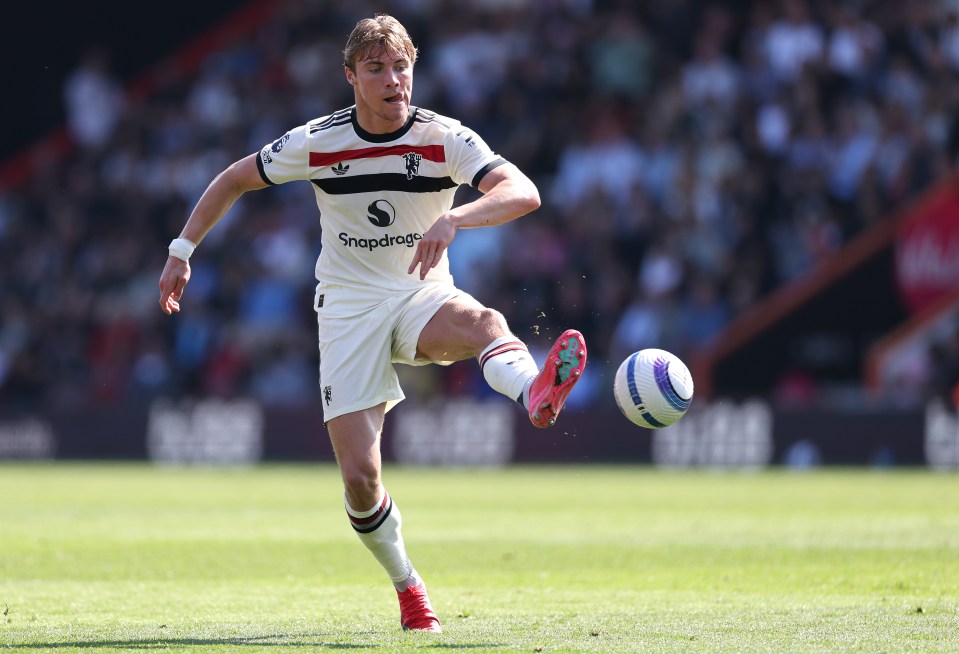 Rasmus Hojlund of Manchester United controls the ball during a soccer match.