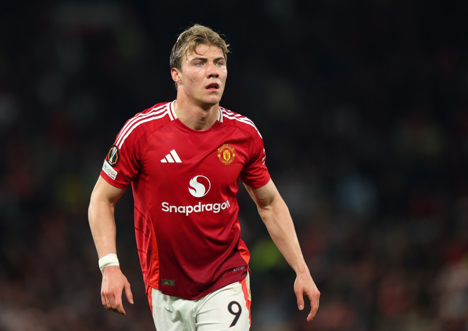 Rasmus Hojlund of Manchester United in a red jersey.