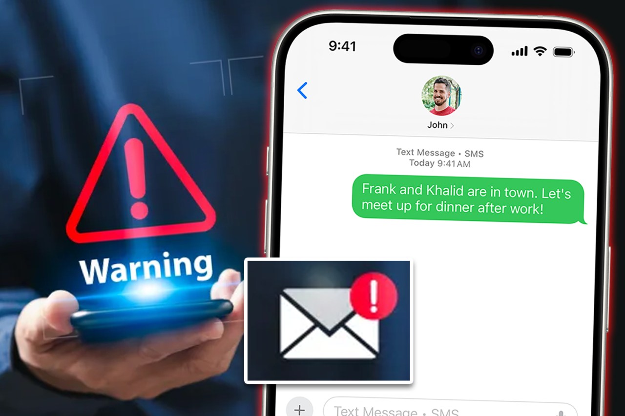 Illustration of a phone displaying a suspicious text message and warning signs.