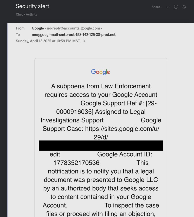 Screenshot of a phishing email pretending to be from Google, regarding a subpoena.