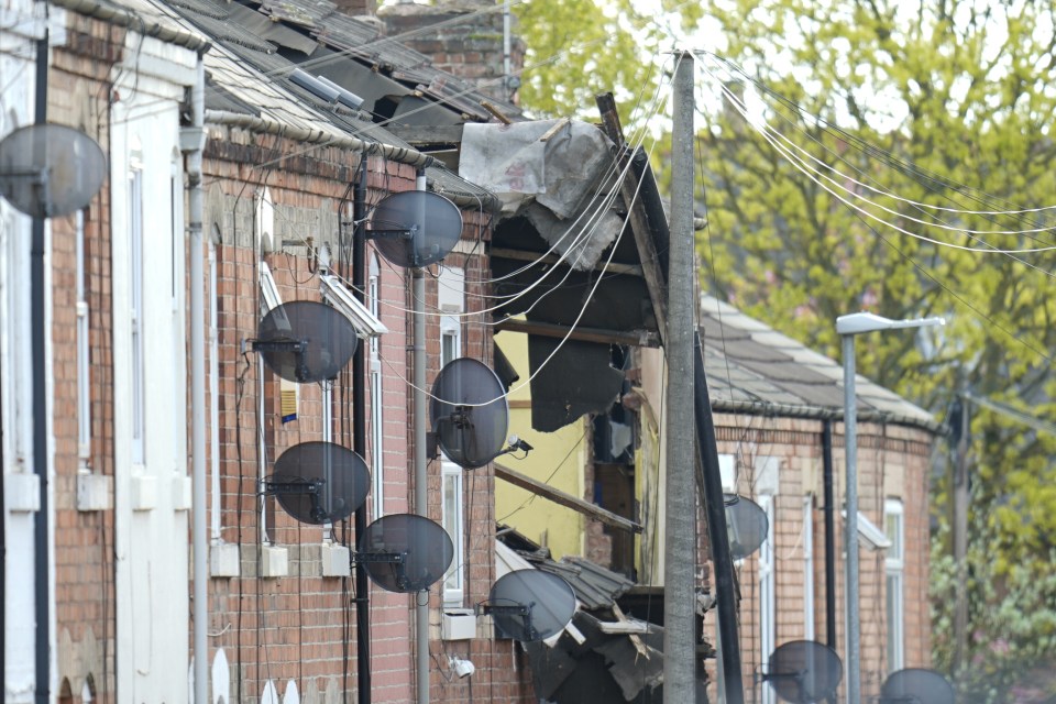 Damaged terraced houses after an explosion.